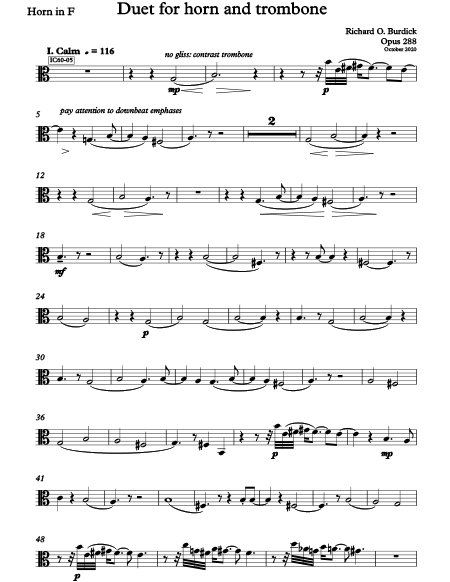 Richard Burdick's horn and trombone duet Opus 288 horn part page 1