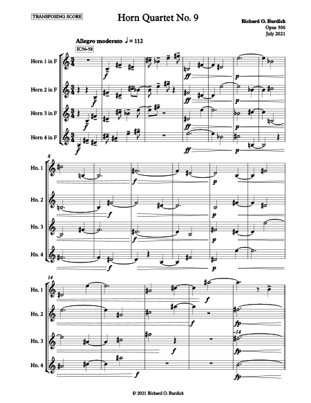 Sheet music for RIchard Burdick's Horn Quartet No. 9, Op. 306 movement one page 1